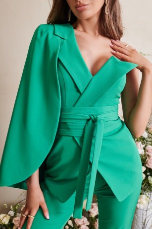 lavish alice tailored one shoulder cape jacket in spring green ~ asymmetric asymmetric obi belt statement jackets ~ women’s contemporary fashion