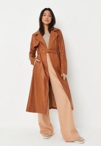 Missguided tall brown faux leather trench coat ~ women’s belted coats