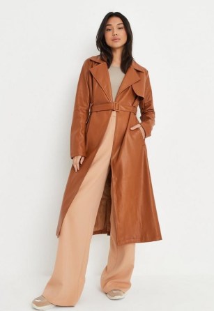 Missguided tall brown faux leather trench coat ~ women’s belted coats - flipped
