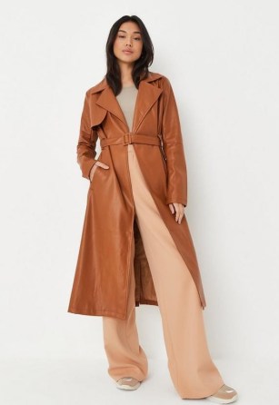 Missguided tall brown faux leather trench coat ~ women’s belted coats