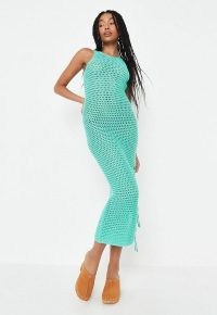 Missguided tall green ruched side crochet knit midaxi dress | knitted tank dresses