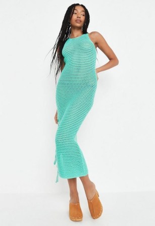 Missguided tall green ruched side crochet knit midaxi dress | knitted tank dresses - flipped
