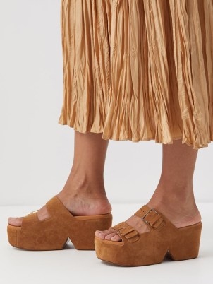 CLERGERIE Esme suede wedge sandals ~ tan brown double strap wedged heels ~ chunky summer platforms ~ retro buckled platform shoes - flipped
