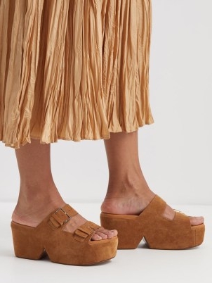 CLERGERIE Esme suede wedge sandals ~ tan brown double strap wedged heels ~ chunky summer platforms ~ retro buckled platform shoes