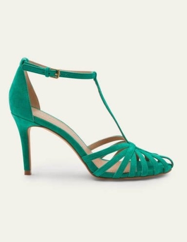 Boden Tess Cage Heel Sandals Emerald Green / suede high heel T-bar shoes - flipped