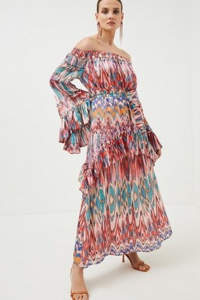 KAREN MILLEN Tie Dye Studded Woven Bardot Maxi Drama Kimono / bohemian inspired off the shoulder dress / summer occasion dresses