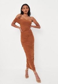 Missguided toffee ruched mesh seam detail midaxi dress ~ brown off the shoulder evening dresses ~ asymmetric going out fashion