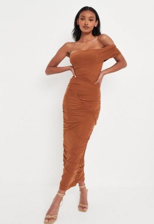 Missguided toffee ruched mesh seam detail midaxi dress ~ brown off the shoulder evening dresses ~ asymmetric going out fashion - flipped