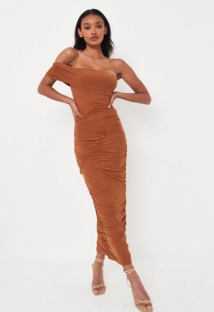 Missguided toffee ruched mesh seam detail midaxi dress ~ brown off the shoulder evening dresses ~ asymmetric going out fashion