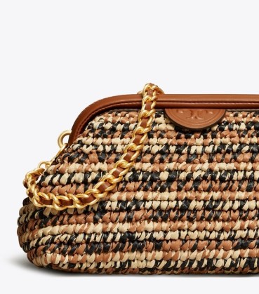 Tory Burch FLEMING SOFT RAFFIA SMALL FRAME CROSSBODY ~ neutral woven straw and brown leather cross body bags ~ chic summer accessory - flipped