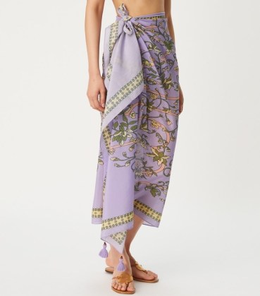 Tory Burch PRINTED PAREO in Lilac Garden Medallion ~ floral pareos ~ poolside fashion ~ tasselled sarongs - flipped