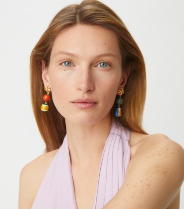 Tory Burch ROXANNE SMALL DOUBLE-DROP EARRING ~ multicolored mismatched drops ~ colourful mismatch summer earrings - flipped