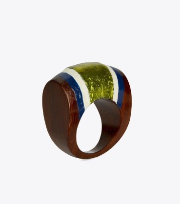 Tory Burch GEO RING Rolled Gold / Sunflower Multi ~ women’s chunky wood painted statement rings ~ wooden jewellery