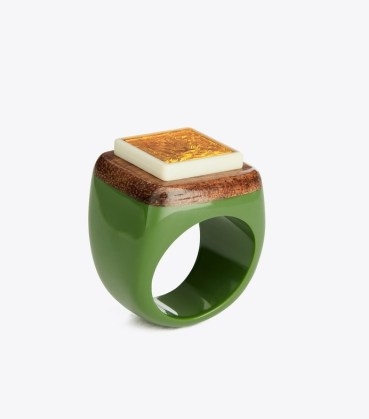 Tory Burch GEO RING in Rolled Gold / Green Multi ~ womens chic chunky statement rings - flipped
