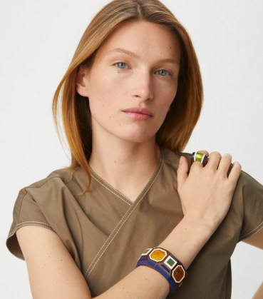 Tory Burch GEO WOOD CUFF Rolled Gold / Multi ~ statement cuffs ~ hand painted wooden jewellery - flipped