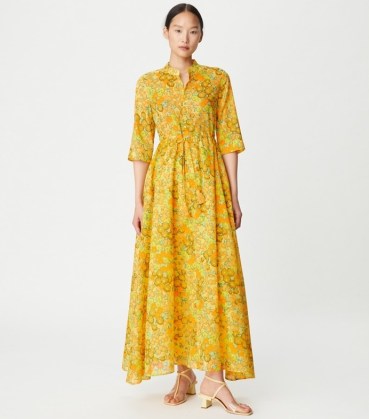 Tory Burch PRINTED SHIRTDRESS in Yellow Blossom ~ floral drawstring waist maxi dresses ~ cotton retro print summer clothes ~ chic vintage inspired poolside clothes - flipped
