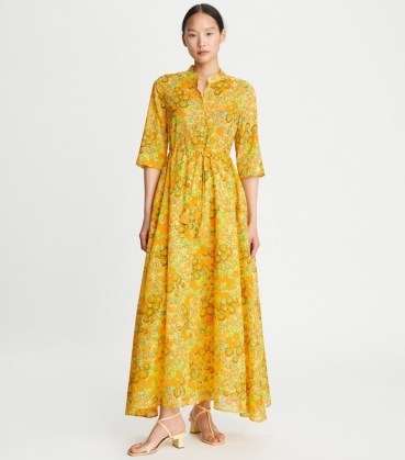 Tory Burch PRINTED SHIRTDRESS in Yellow Blossom ~ floral drawstring waist maxi dresses ~ cotton retro print summer clothes ~ chic vintage inspired poolside clothes
