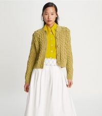 Tory Burch MARLED CREWNECK CARDIGAN in Yellow Gleam / Coast Tan ~ women’s taxtured cable knit cardigans