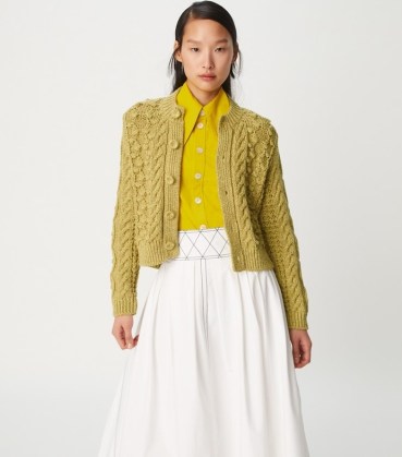 Tory Burch MARLED CREWNECK CARDIGAN in Yellow Gleam / Coast Tan ~ women’s taxtured cable knit cardigans - flipped