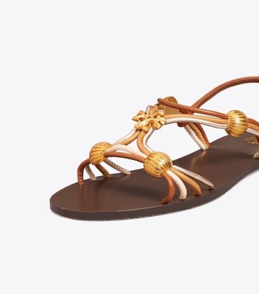 Tory Burch CAPRI MULTI-STRAP SANDAL Mocha / Toasted Bark / Gold ~ women’s chic summer flats ~ womens elegant flat sandals ~ strappy bead embellished leather shoes ~ luxe holiday footwear ~ luxurious looking vacation accessories - flipped