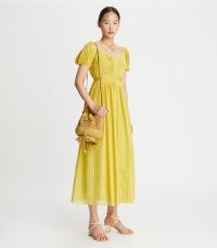 Tory Burch PLEATED DRESS in Yellow Stripe ~ womens luxe lightweight cotton and silk blend dresses ~ womens luxury summer clothes ~ feminine designer fashion ~ puff sleeve clothing