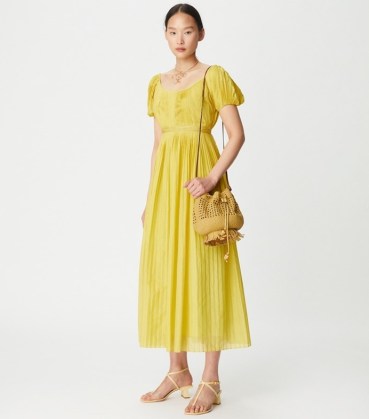 Tory Burch PLEATED DRESS in Yellow Stripe ~ womens luxe lightweight cotton and silk blend dresses ~ womens luxury summer clothes ~ feminine designer fashion ~ puff sleeve clothing - flipped