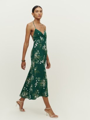 Reformation Tova Dress in Buena – green floral strappy halterneck dresses – open back tie detail – skinny strap halter neck fashion - flipped