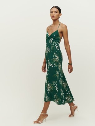 Reformation Tova Dress in Buena – green floral strappy halterneck dresses – open back tie detail – skinny strap halter neck fashion