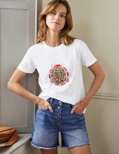 Boden Turn Up Cuff Cotton T-shirt White, Beetle / cute bug print tee / insect printed T-shirts - flipped