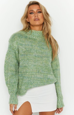 BEGINNING BOUTIQUE Tuscany Green Sweater | high neck slouchy sweaters - flipped