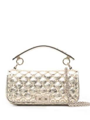 Valentino Garavani Rockstud Spike shoulder bag / luxe gold tone stud covered handbag / small metallic crinkled leather handbags / luxury studded crossbody bags / FARFETCH