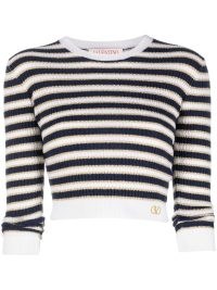 Valentino striped cropped jumper – women’s designer crop hem jumpers – womens navy blue and white stripe wool and cashmere blend sweaters – FARFETCH knitwear