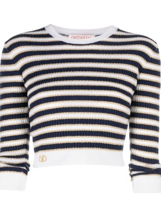 Valentino striped cropped jumper – women’s designer crop hem jumpers – womens navy blue and white stripe wool and cashmere blend sweaters – FARFETCH knitwear - flipped