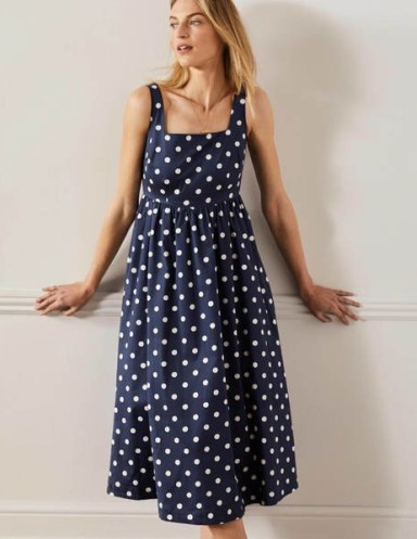 Boden Violet Square Neck Midi Dress / navy blue sleeveless polka dot summer dresses - flipped