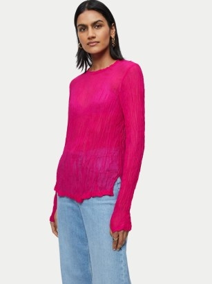JIGSAW Viscose Crinkled Top Pink – bright long sleeved sheer tops - flipped