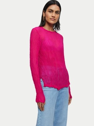 JIGSAW Viscose Crinkled Top Pink – bright long sleeved sheer tops