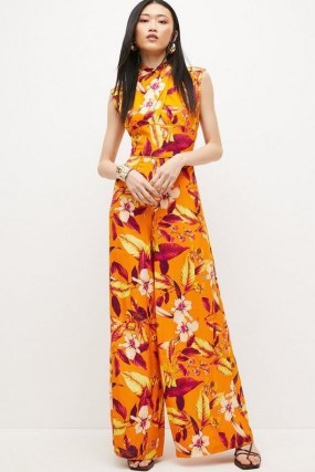 KAREN MILLEN Viscose Linen Batik Print Wide Leg Jumpsuit / sleevelss floral summer occasion jumpsuits - flipped