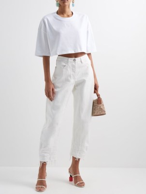 LOEWE Anagram-embroidered cotton-jersey cropped T-shirt / women’s white loose fitting crop hem tee / womens designer t-shirts at MATCHESFASHION / casual summer outfit - flipped