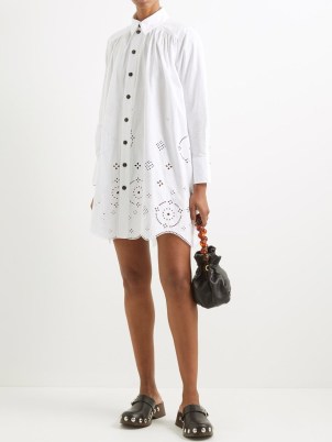 GANNI Broderie-anglaise cotton-poplin shirt dress ~ white scalloped hem summer dresses - flipped