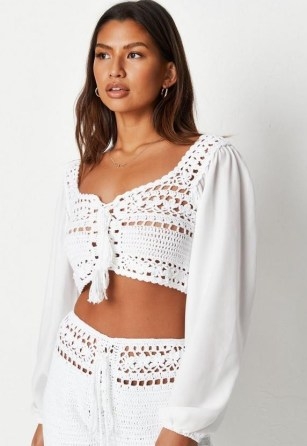 MISSGUIDED white co ord crochet contrast sleeve top – knitted summer fashion – boho style crop tops - flipped