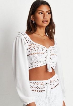 MISSGUIDED white co ord crochet contrast sleeve top – knitted summer fashion – boho style crop tops