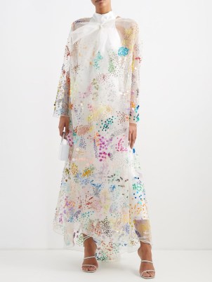ASHISH Confetti-sequinned silk-organza cape dress ~ flowing occasion maxi dresses ~ semi sheer sequin covered event gowns ~ romance inspired clothes ~ romantic ethereal clothing - flipped
