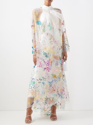ASHISH Confetti-sequinned silk-organza cape dress ~ flowing occasion maxi dresses ~ semi sheer sequin covered event gowns ~ romance inspired clothes ~ romantic ethereal clothing