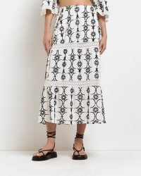 River Island WHITE EMBROIDERED FLORAL MIDI SKIRT | womens cotton tiered hem summer skirts