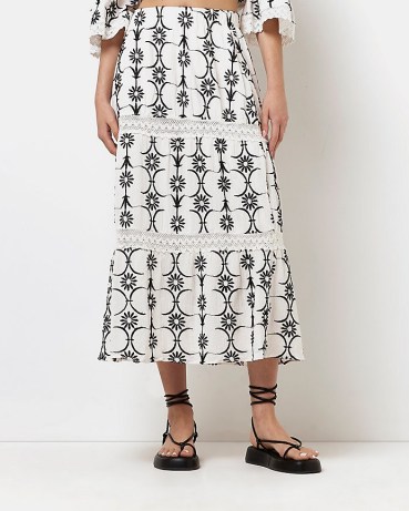 River Island WHITE EMBROIDERED FLORAL MIDI SKIRT | womens cotton tiered hem summer skirts - flipped
