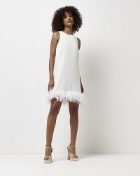 RIVER ISLAND WHITE FEATHER TRIM SHIFT MINI DRESS ~ sleeveless party dresses