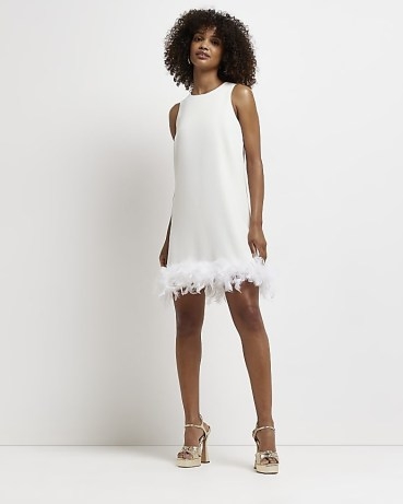 RIVER ISLAND WHITE FEATHER TRIM SHIFT MINI DRESS ~ sleeveless party dresses - flipped