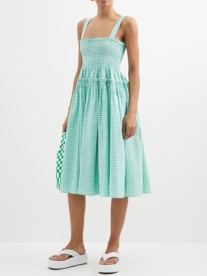MOLLY GODDARD Smocked gingham cotton midi dress – green and white checked summer dresses – sleeveless fit and flare - flipped