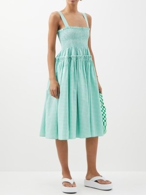 MOLLY GODDARD Smocked gingham cotton midi dress – green and white checked summer dresses – sleeveless fit and flare