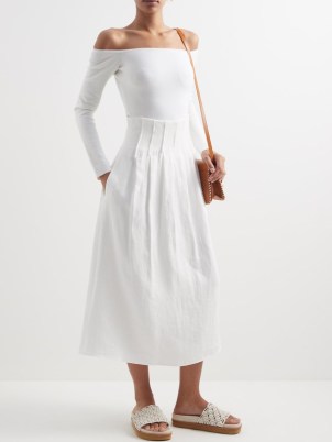 CHLOÉ High-waisted linen midi skirt / white classic style summer skirts / women’s designer clothes / corset style waist / MATCHESFASHION - flipped